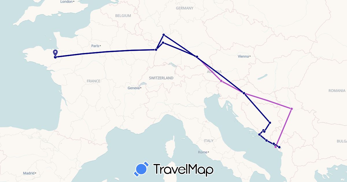 TravelMap itinerary: driving, train in Austria, Bosnia and Herzegovina, Germany, France, Croatia, Montenegro, Serbia (Europe)